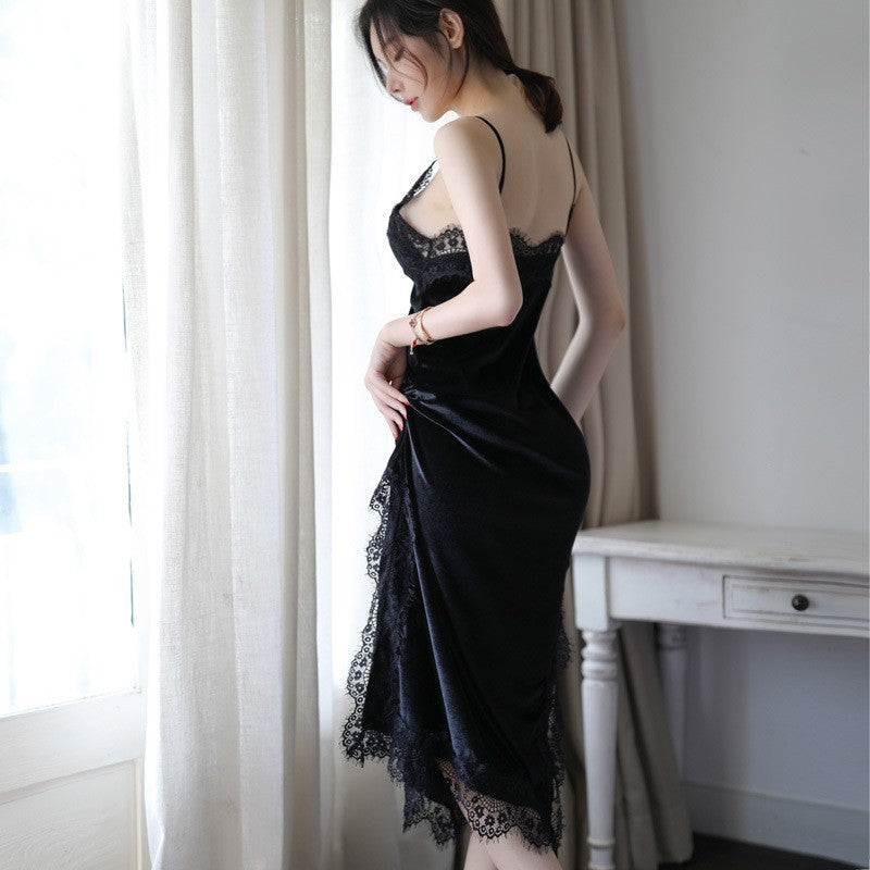 Velvet Lace Princess Nightdress – Sexy Long Sling Home Wear