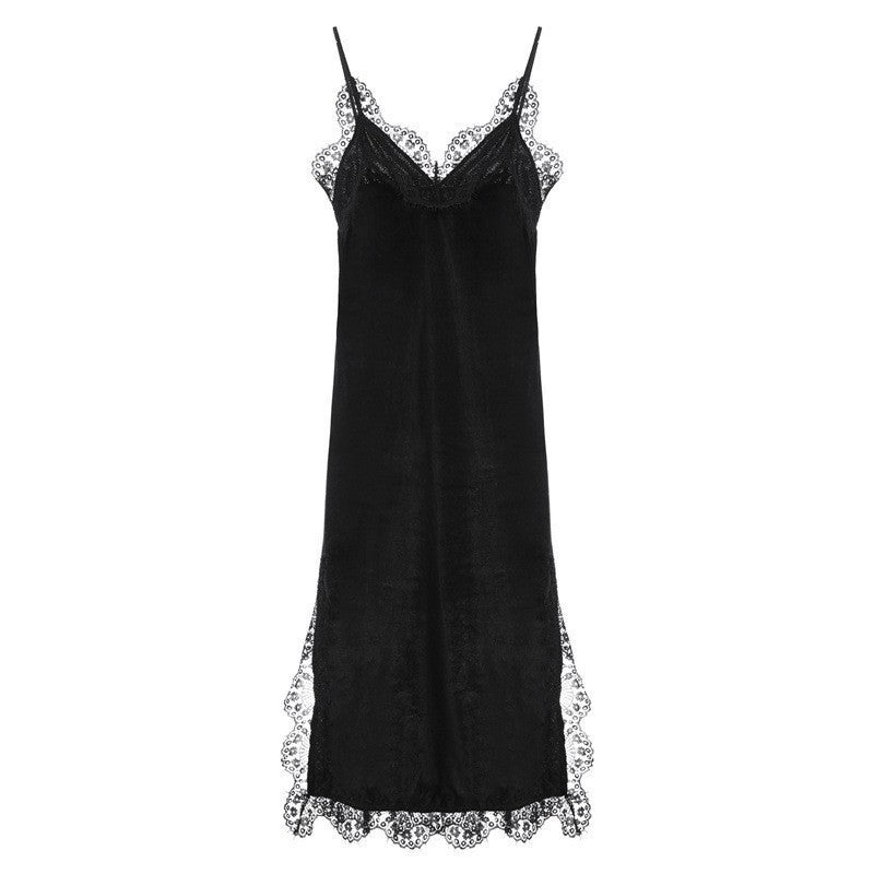 Velvet Lace Princess Nightdress – Sexy Long Sling Home Wear