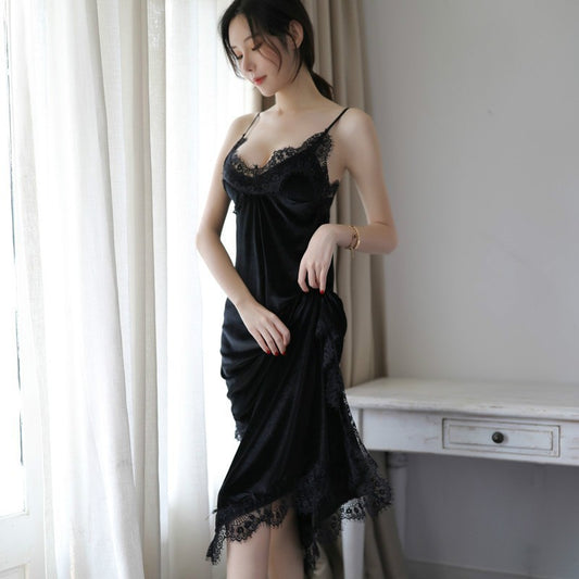 Velvet Lace Princess Nightdress – Sexy Long Sling Home Wear