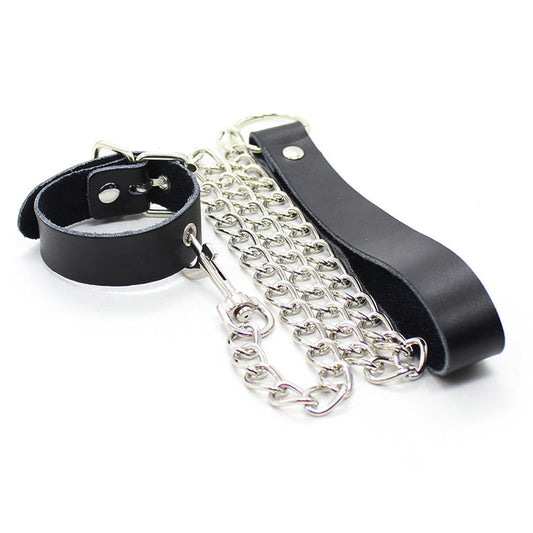 Leather Collar with Chain Leash – Adjustable Bondage Restraint