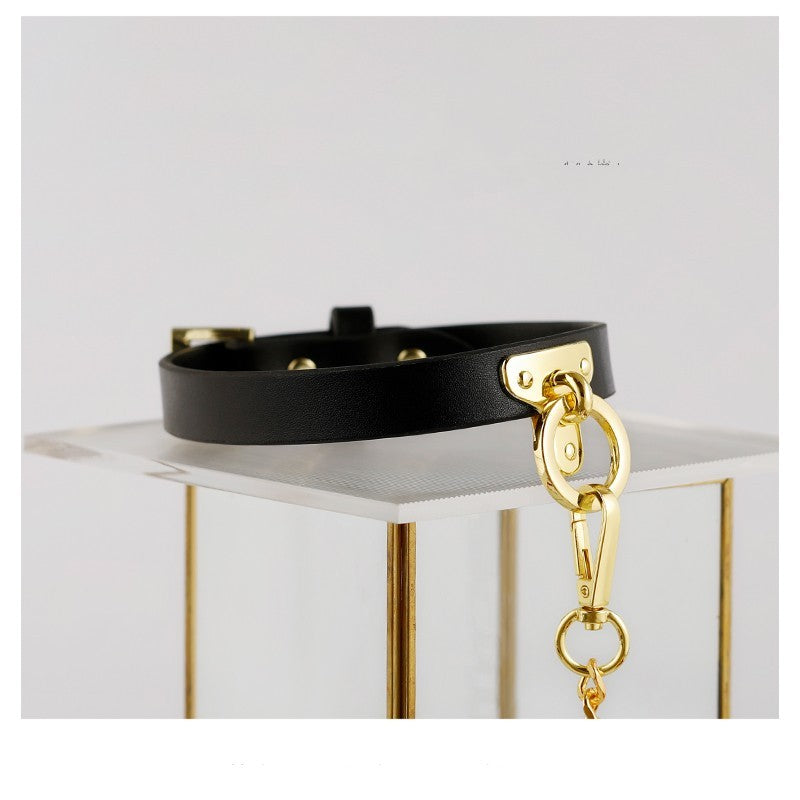 Brown Bondage Leather Collar with Chain Leash – BDSM Slave Fetish Restraint Toy