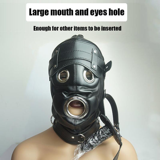 Leather Hood Mask with Removable Dildo & Ball Gag