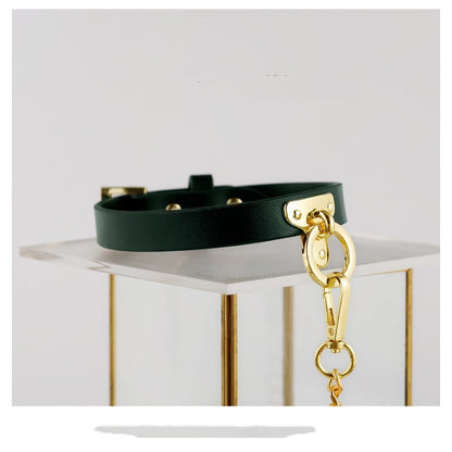 Brown Bondage Leather Collar with Chain Leash – BDSM Slave Fetish Restraint Toy