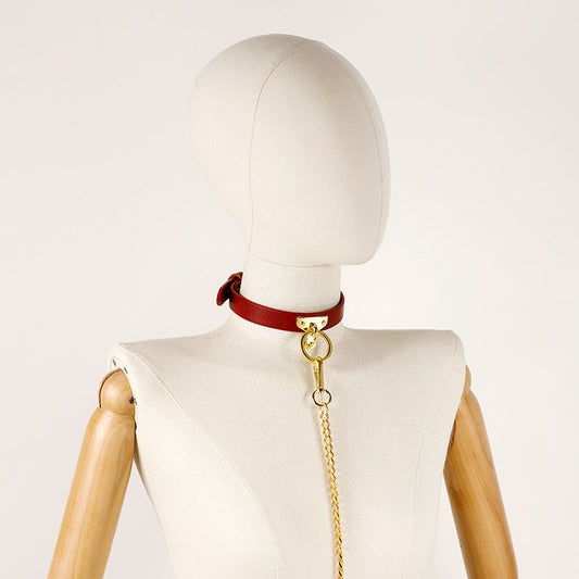 Brown Bondage Leather Collar with Chain Leash – BDSM Slave Fetish Restraint Toy
