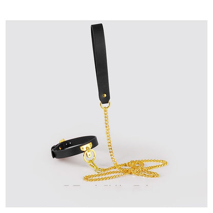 Brown Bondage Leather Collar with Chain Leash – BDSM Slave Fetish Restraint Toy