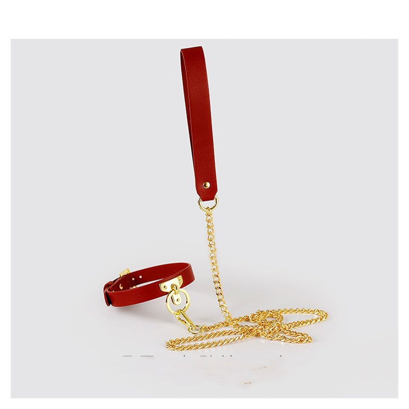 Brown Bondage Leather Collar with Chain Leash – BDSM Slave Fetish Restraint Toy
