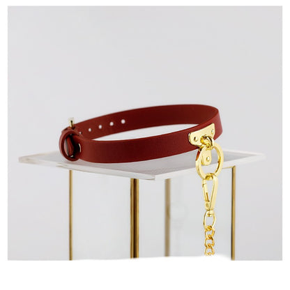 Brown Bondage Leather Collar with Chain Leash – BDSM Slave Fetish Restraint Toy