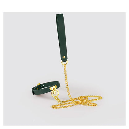 Brown Bondage Leather Collar with Chain Leash – BDSM Slave Fetish Restraint Toy
